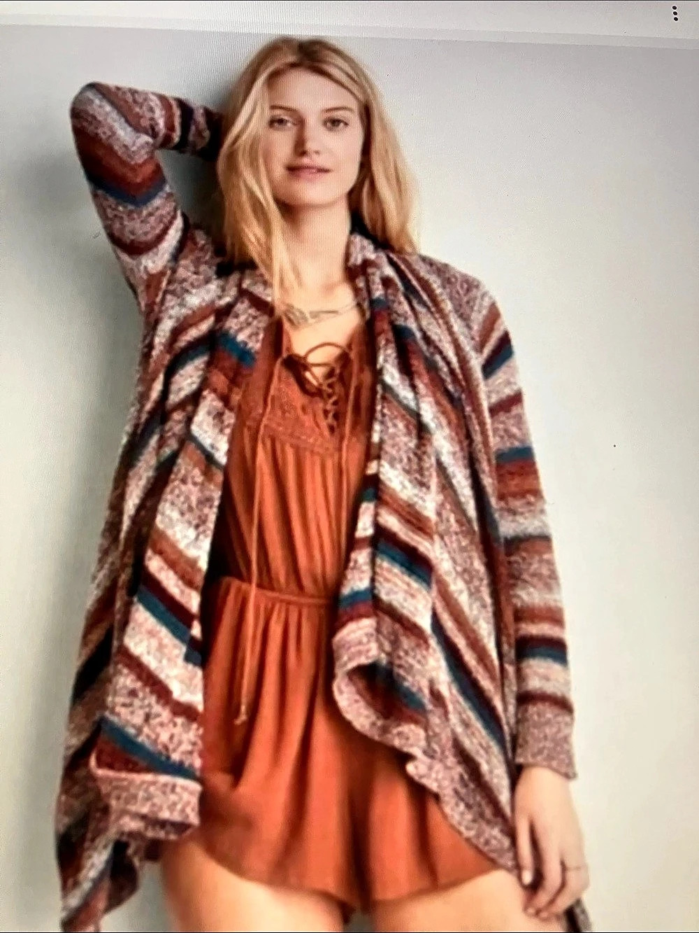 American Eagle Outfitters Striped Open Knit Cardigan waterfall in Brown & Blue 1